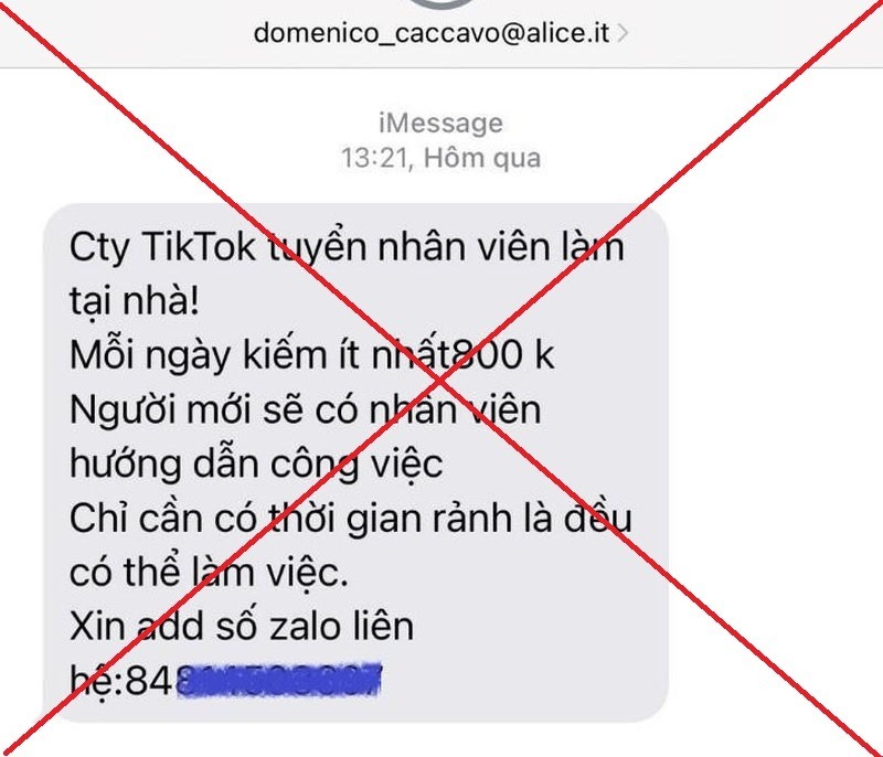 Mạo danh công ty TikTok Việt Nam mời chào người dân làm “việc nhẹ lương cao“. Ảnh: PV.