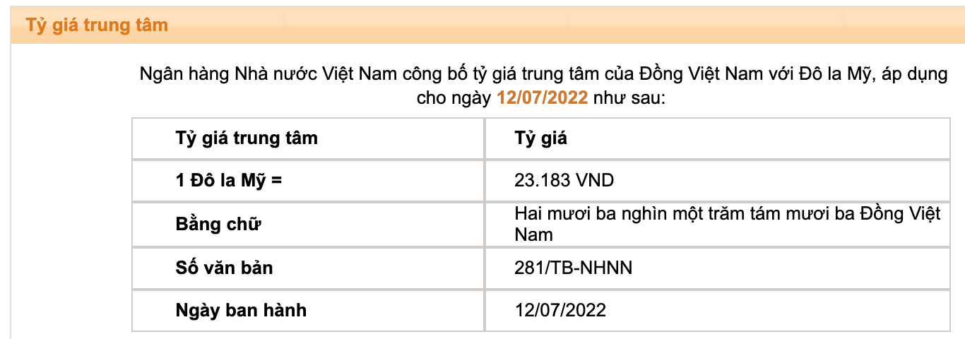 Tỷ giá trung tâm của đồng Việt Nam với đôla Mỹ do Ngân hàng Nhà nước công bố.