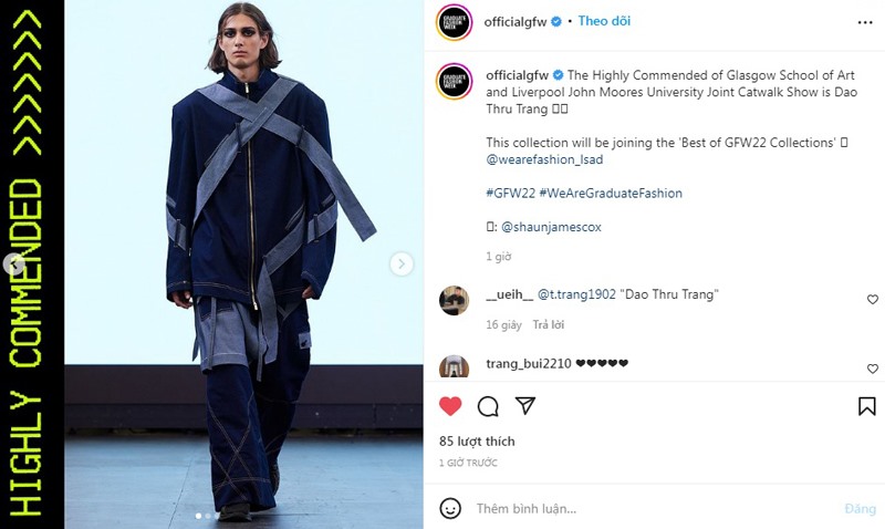 Mẫu trang phục của nhà thiết kế Đào Thu Trang đến từ LCDF Hà Nội được Hội đồng giám khảo lựa chọn là một trong những bộ sưu tập xuất sắc nhất và được xuất hiện trên trang Instagram chính thức của GFW22. Ảnh: BTC