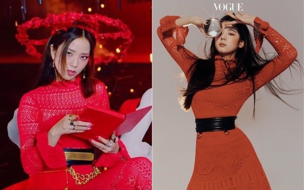 Lần đụng hàng này là chiếc váy đỏ của Jisoo trong “How You Like That” và Lia trên trang bìa tạp chí. Ảnh: T.M