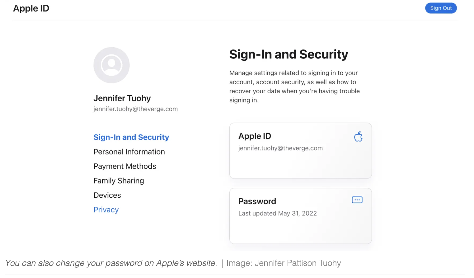Bạn cũng có thể thay đổi mật khẩu của mình trên trang web của Apple. Ảnh chụp màn hình