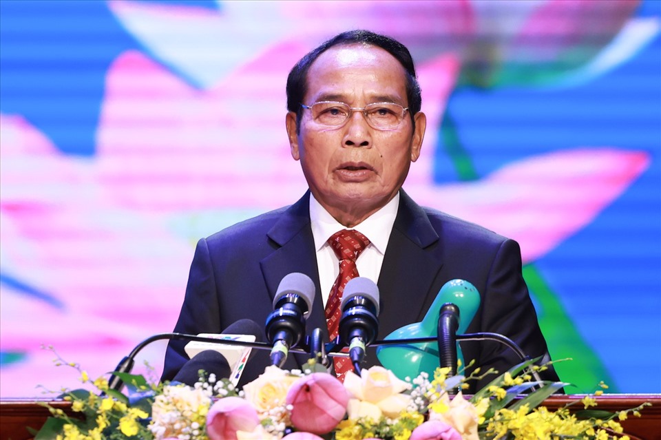Ủy viên Bộ Chính trị, Thường trực Ban Bí thư Trung ương Đảng Nhân dân Cách mạng Lào, Phó Chủ tịch nước Lào Bounthong Chitmany phát biểu tại lễ kỷ niệm. Ảnh: Hải Nguyễn