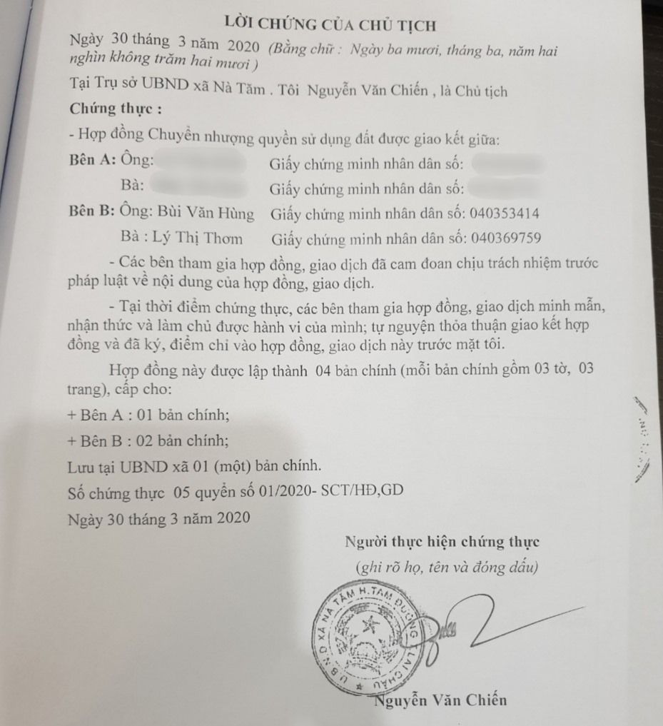 Lời chứng của Chủ tịch UBND xã Nà Tăm trong mỗi bản hợp đồng mua bán đất.
