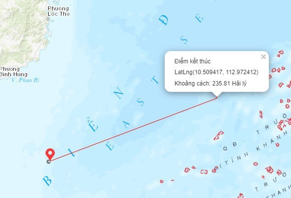 Vị trí toạ độ cuối cùng của tàu cá BTh 97478 TS và vị trí tàu BĐ 96935 tìm thấy các thuyền viên. Ảnh: CTV