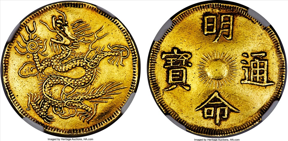 Đồng Minh Mạng Thông Bảo bằng vàng được đấu giá tại Heritage World Coin Auctions (Hồng Kông, Trung Quốc) có giá khởi điểm 5.000 USD. Ảnh: Numisbids