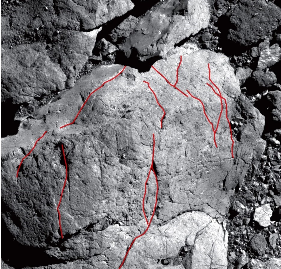 Các vết nứt và hướng của các vết nứt trên đá ở tiểu hành tinh Bennu. Ảnh: NASA
