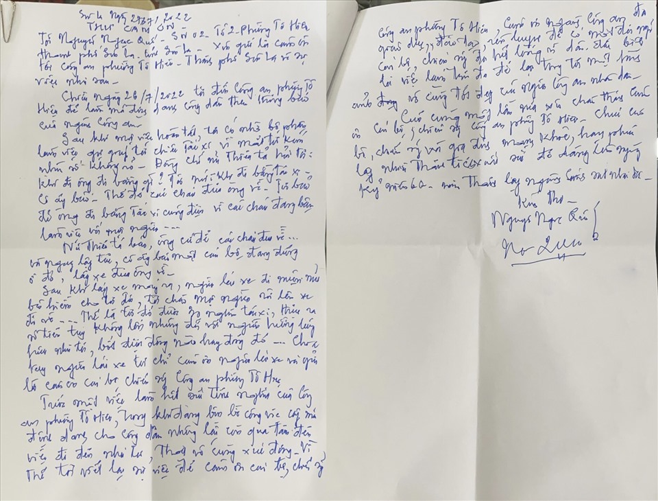 Lá thư cảm ơn của cụ ông Nguyễn Ngọc Quế gửi tới Công an phường Tô Hiệu, TP Sơn La.