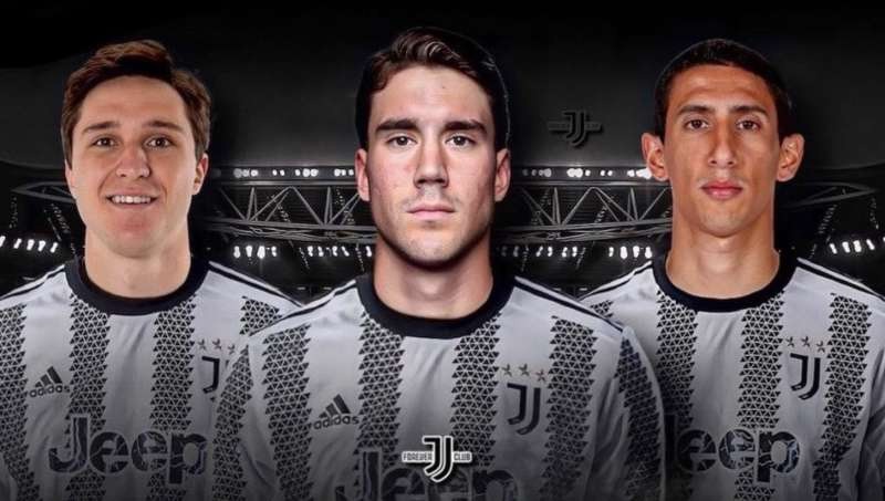 Bộ ba trong mơ của Juventus gồm Chiesa, Vlahovic và Di Maria. Ảnh: Dagospia