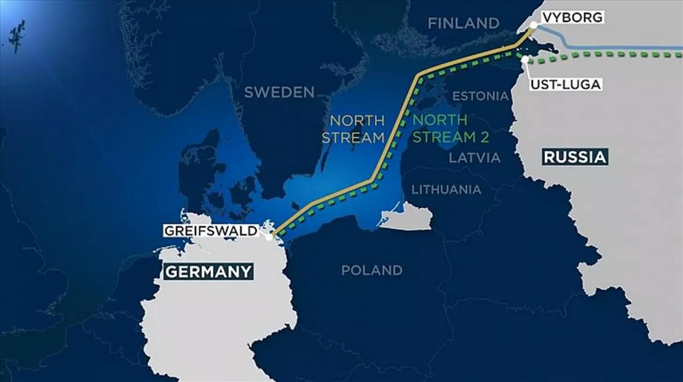 Hai đường ống Nord Stream và Nord Stream 2 chạy từ Nga sang Đức. Ảnh: AFP