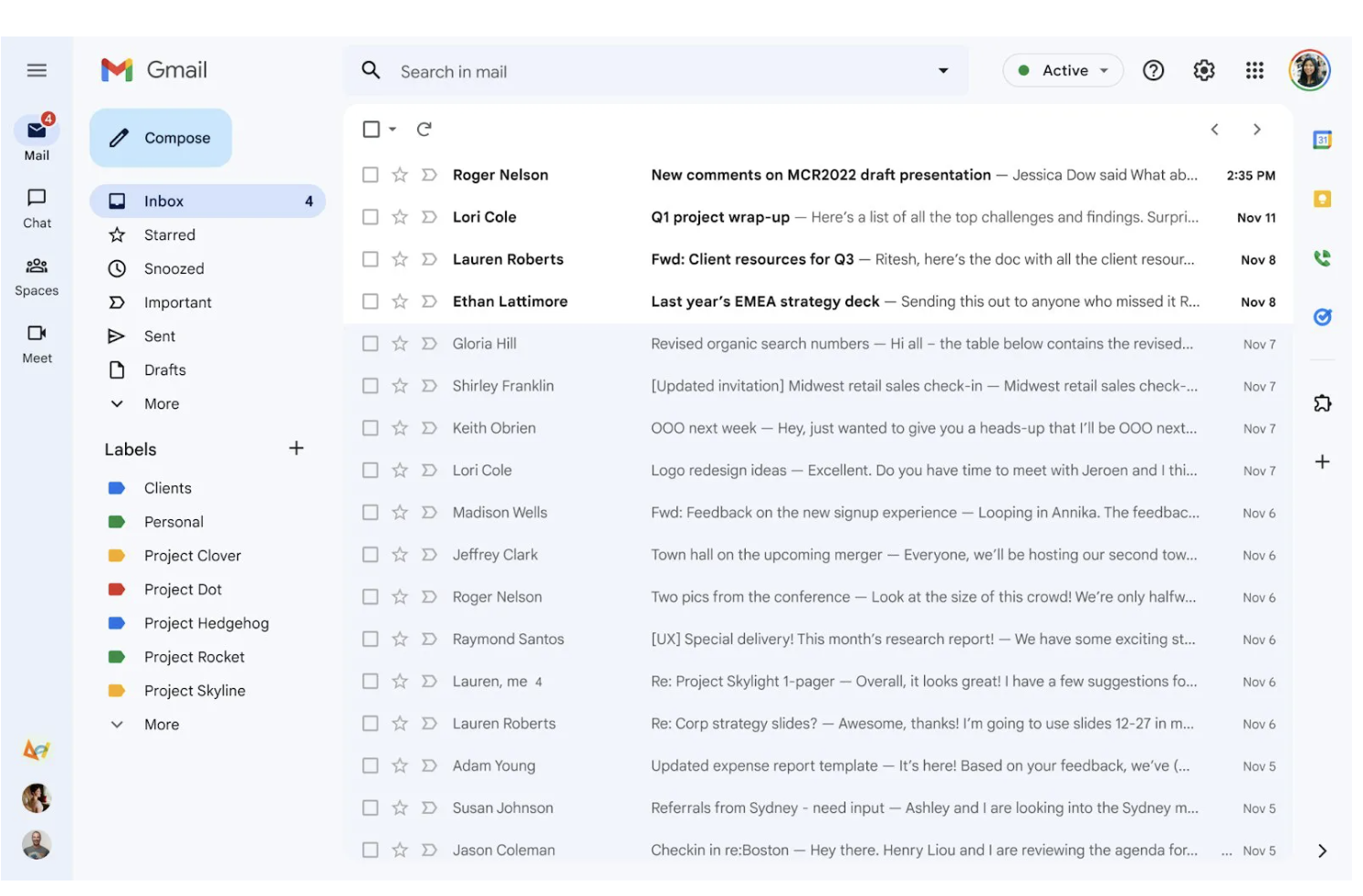 Giao diện người dùng Gmail mới đặt các nút cho Gmail, Trò chuyện, Không gian và Gặp gỡ trên một đường ray. Hình ảnh: Google