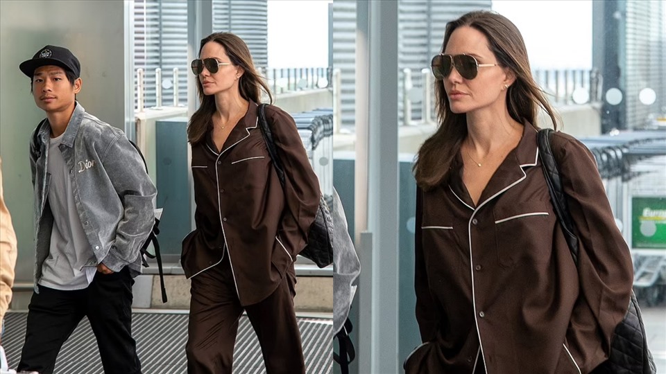 Angelina Jolie và con trai thứ hai diện trang phục đơn giản, thoải mái ở sân bay. Ảnh: SplashNews.
