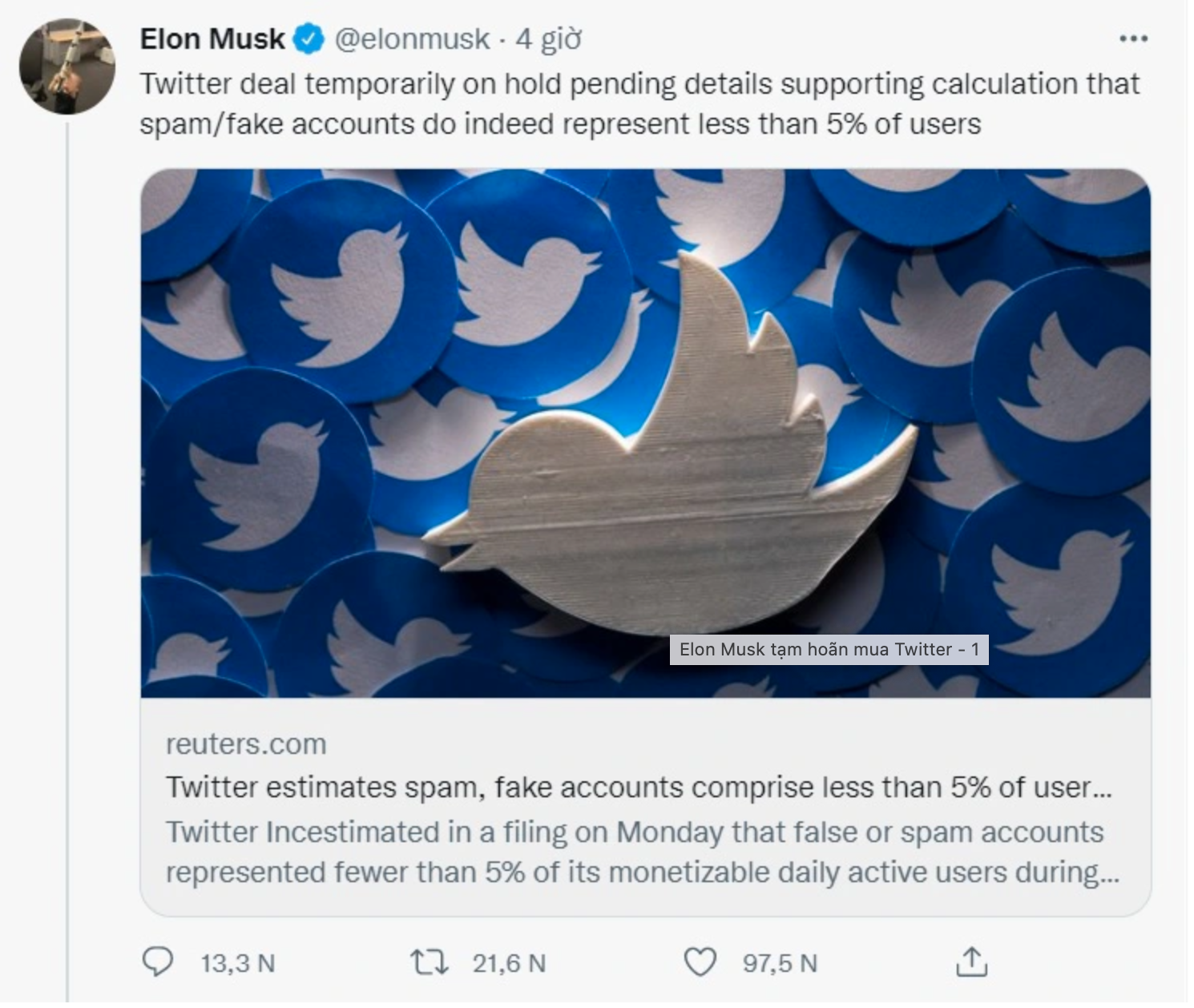Thông báo hoãn mua Twitter được Elon Musk đăng tải không lâu trước khi ông chính thức huỷ bỏ thương vụ. Ảnh chụp màn hình