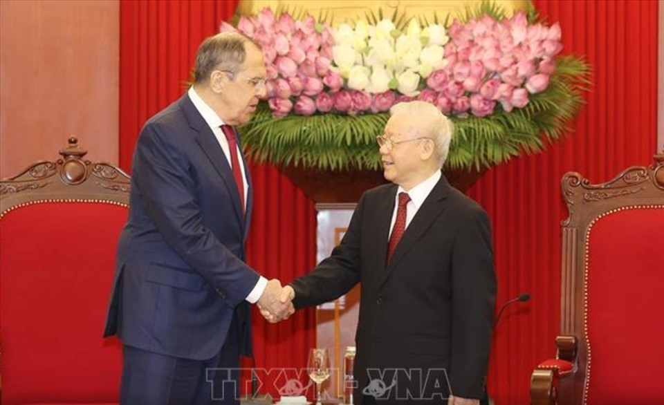 Tổng Bí thư Nguyễn Phú Trọng tiếp Bộ trưởng Ngoại giao Nga Sergei Lavrov chiều 6.7.2022. Ảnh: TTXVN