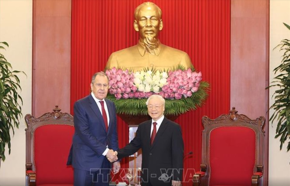 Tổng Bí thư Nguyễn Phú Trọng tiếp Bộ trưởng Ngoại giao Nga Sergei Lavrov chiều 6.7.2022. Ảnh: TTXVN
