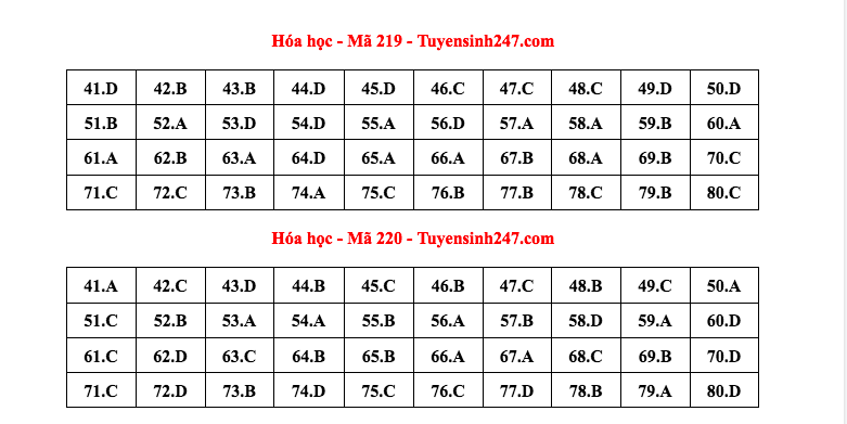 Gợi ý đáp án đề thi môn Hoá mã đề 219 và 220. Ảnh: CMH.