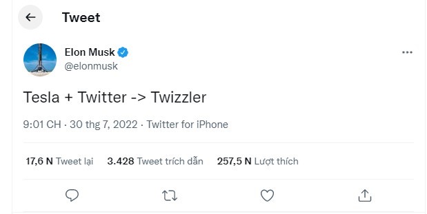 Tesla + Twitter ->Twizzler. Ảnh chụp màn hình.