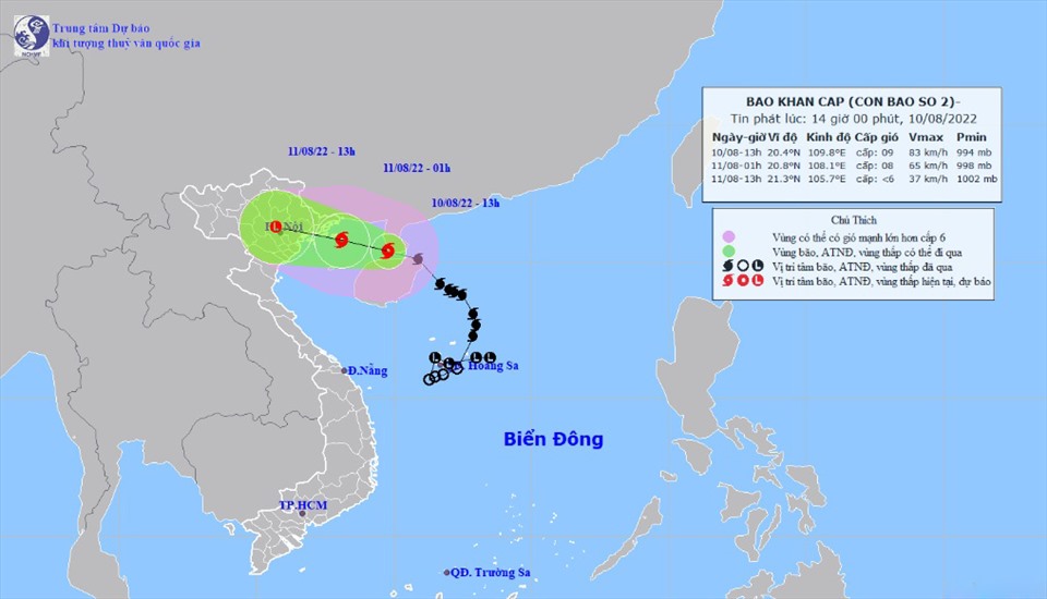 Vị trí và hướng di chuyển tiếp theo của bão số 2 Mulan. Ảnh: Trung tâm Dự báo KTTVQG