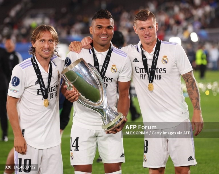 Các cầu thủ Real Madrid ăn mừng sau trận đấu. Ảnh: AFP