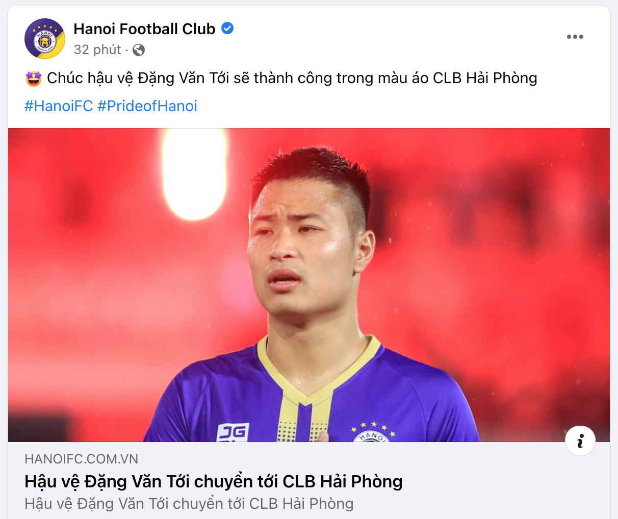 Câu lạc bộ Hà Nội thông báo về việc Đặng Văn Tới sẽ đầu quân cho Hải Phòng.
