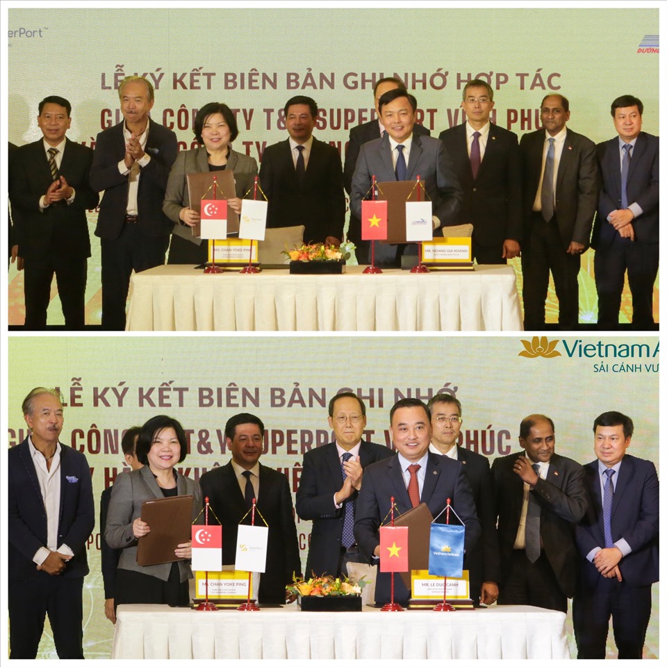 Đại diện lãnh đạo Công ty T&Y SuperPort Vĩnh Phúc ký biên bản ghi nhớ hợp tác với Vietnam Airlines và Tổng Công ty đường sắt Việt Nam.