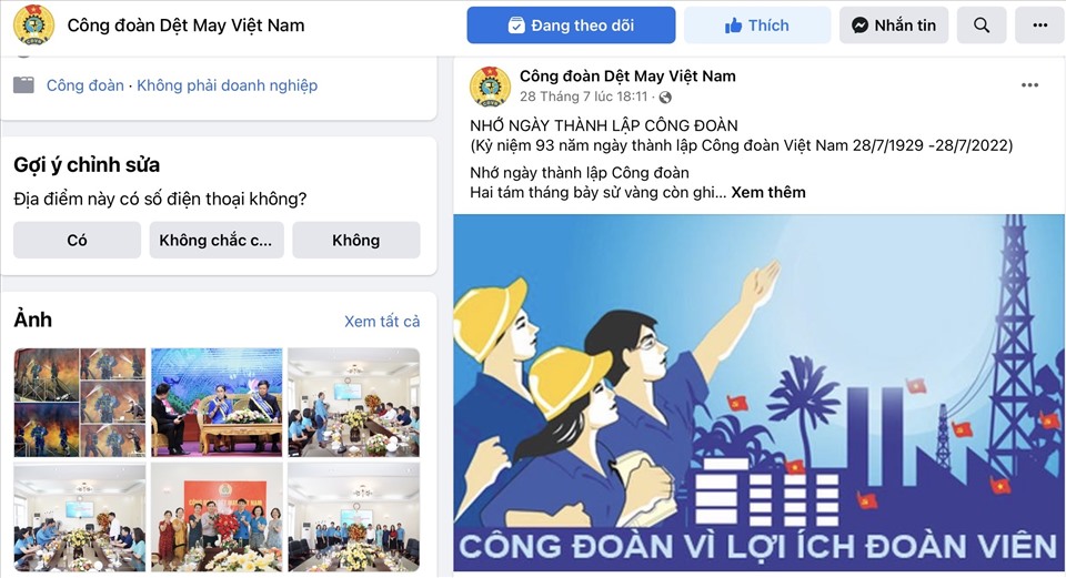 Trang fanpage của Công đoàn Dệt may Việt Nam (ảnh minh hoạ). Ảnh: L.Nguyên.