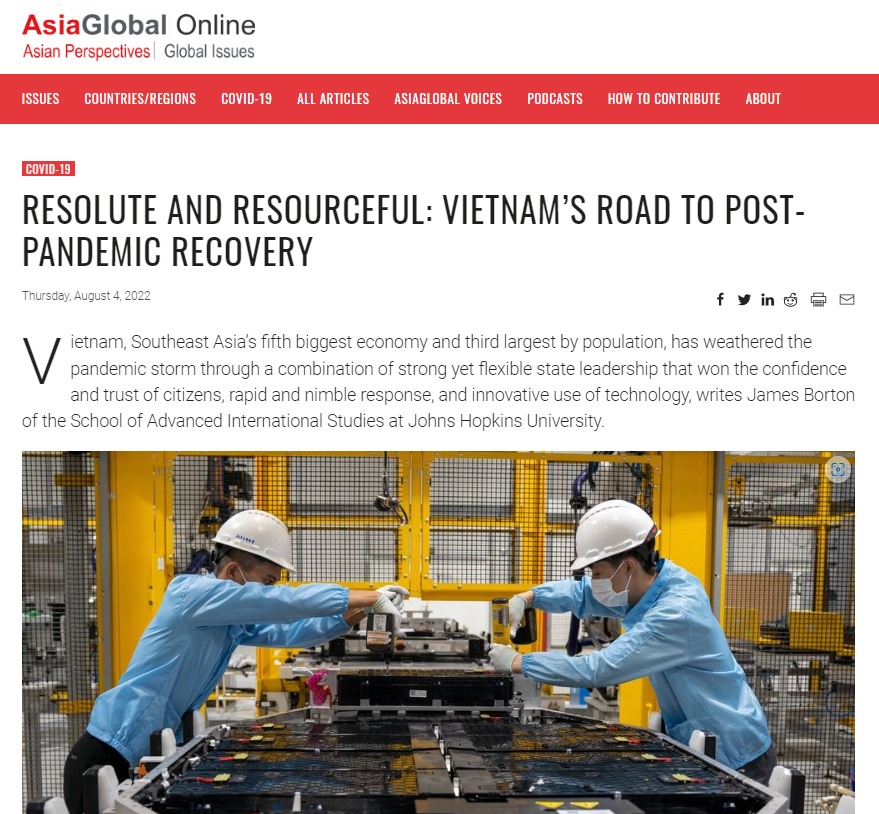 Bài viết trên AsiaGlobal về việc Việt Nam phục hồi sau đại dịch.  Ảnh chụp màn hình