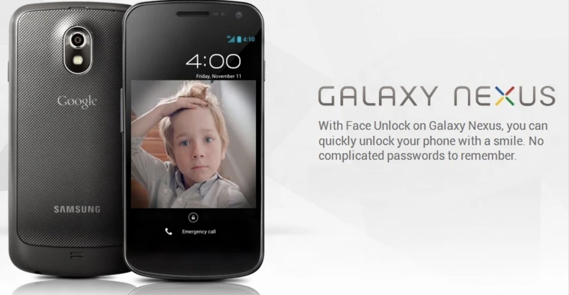 Galaxy Nexus 2011 đã giới thiệu Mở khóa bằng khuôn mặt dưới dạng tính năng của Android 4.0. Ảnh chụp màn hình