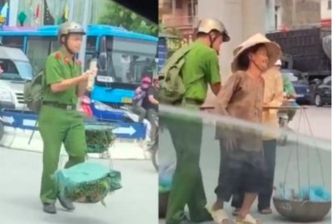 Đức Việt gánh rau giúp đỡ bà cụ khiến nhiều người cảm động. Ảnh cắt từ clip.