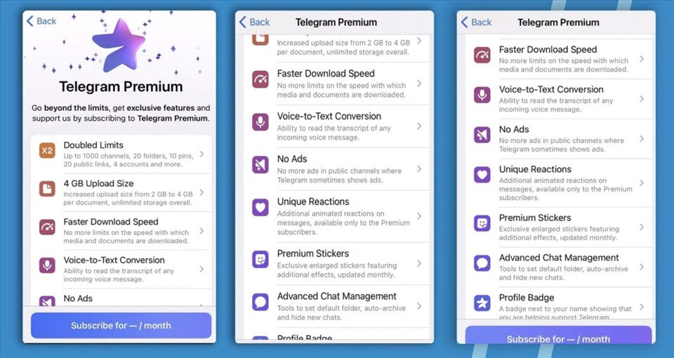 Telegram vẫn giữ nguyên các tính năng cơ bản cho người dùng miễn phí và phát triển các tính năng đặc biệt cho những người muốn dùng nhiều tính năng hơn trong phiên bản trả phí. Ảnh chụp màn hình