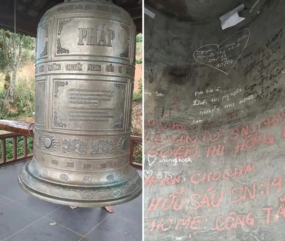 Chiếc chuông ở một ngôi chùa bị người dùng bút màu, bút xóa viết tên, ký hiệu đầy phía trong thân chuông. - Ảnh: Ký sự đường phố