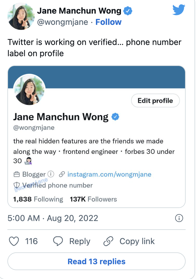 Kỹ sư Jane Manchun Wong tuyên bố phát triển tag nhãn đặc biệt mới. Ảnh chụp màn hình