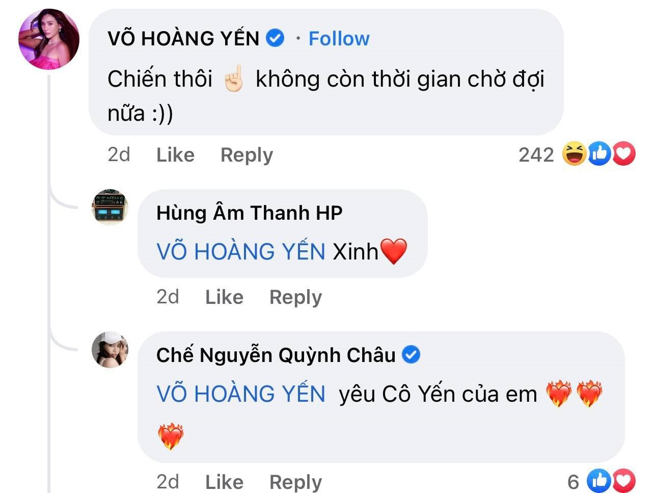 Hoàng Yến chúc mừng Chế Nguyễn Quỳnh Châu trên facebook. Ảnh: CMH.