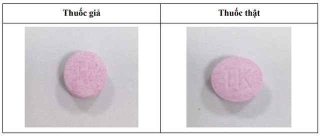 Viên thuốc: nét khắc chữ “TK” trên viên thuốc giả không sắc nét; màu sắc trên viên thuốc giả không đồng nhất.