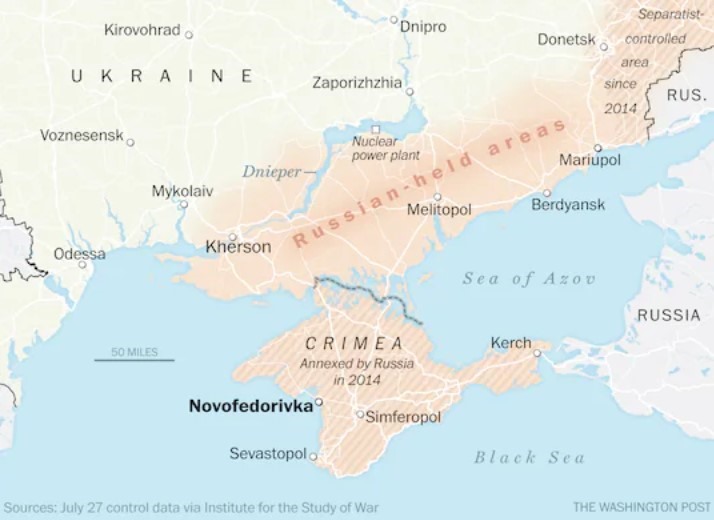 Bán đảo Crimea và các khu vực của Ukraina đang thuộc kiểm soát của Nga tính tới ngày 27.7. Ảnh minh họa. Ảnh chụp màn hình