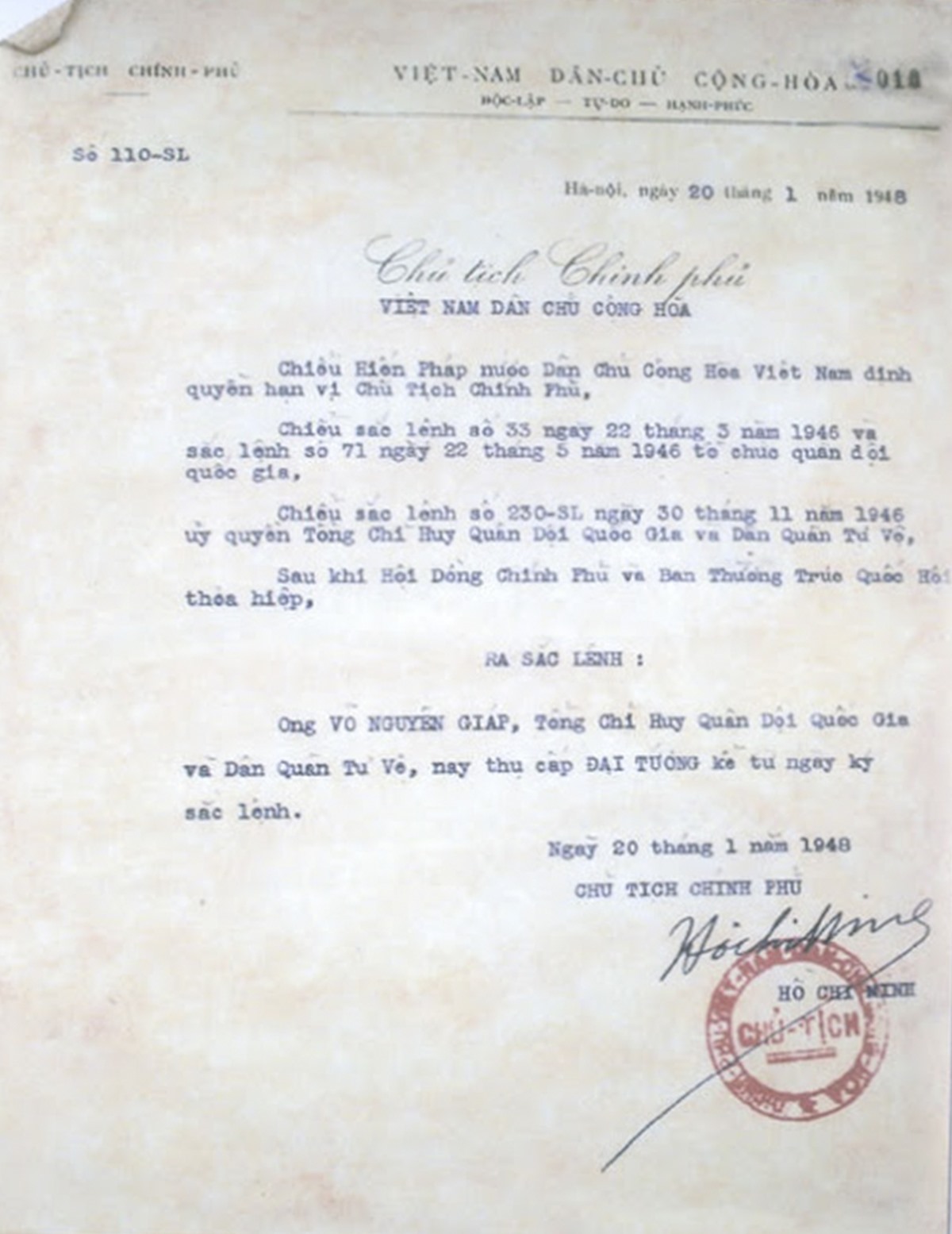 Sắc lệnh phong quân hàm Đại tướng năm 1948