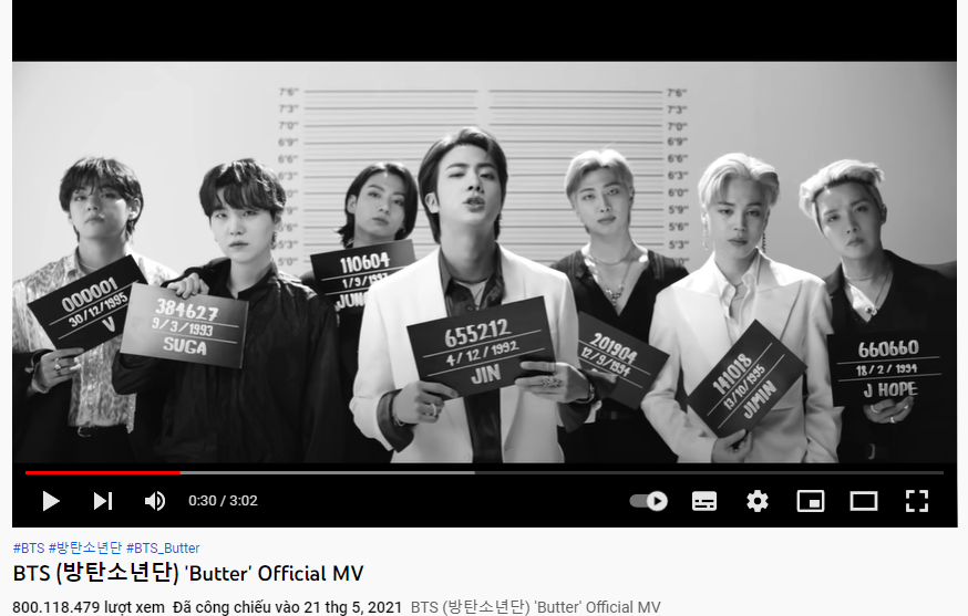 MV “Butter” của BTS đã chính thức vượt mốc 800 triệu lượt xem. Ảnh chụp màn hình