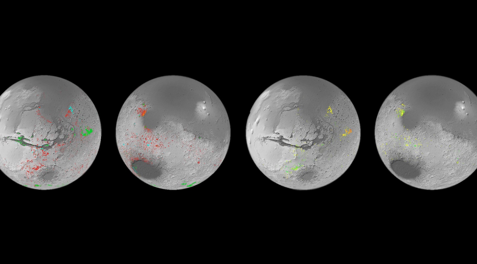 Bản đồ các mỏ khoáng sản ngậm nước trên sao Hỏa. Màu xanh lá cây tượng trưng cho các sunphat ngậm nước; màu đỏ là đất sét ngậm nước; màu da cam là muối cacbonat; và màu xanh lam là đất sét silic và aluminosilicat ngậm nước. Ảnh: ESA