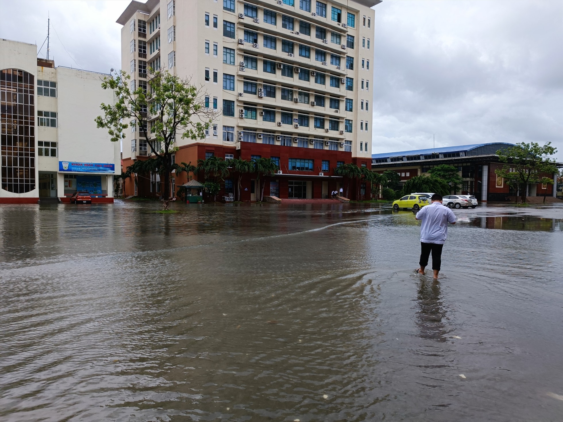 Sân trường đại học Hàng Hải Việt Nam cũng ngập nước. Ảnh: B.Tâm