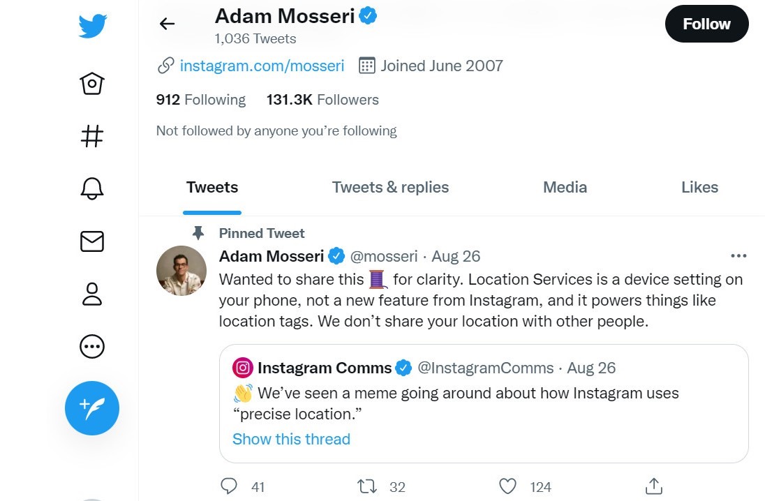 Giám đốc điều hành Instagram Adam Mosseri đã có bài đăng trên Twitter để phản hồi các cáo buộc. Ảnh chụp màn hình