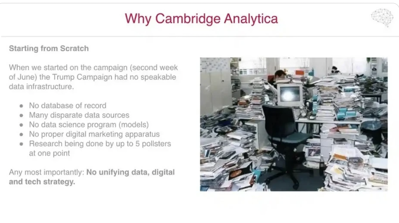 Sau cuộc bầu cử, Cambridge Analytica đã cố gắng thu hút kinh doanh từ các chiến dịch khác bằng cách hiển thị các trang trình bày như thế này. Ảnh chụp màn hình