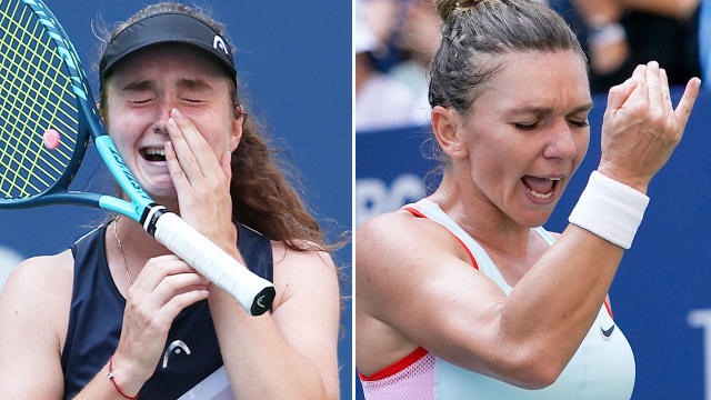 Daria Snigur không kìm được nước mắt khi loại hạt giống số 7, Simona Halep. Ảnh: US Open