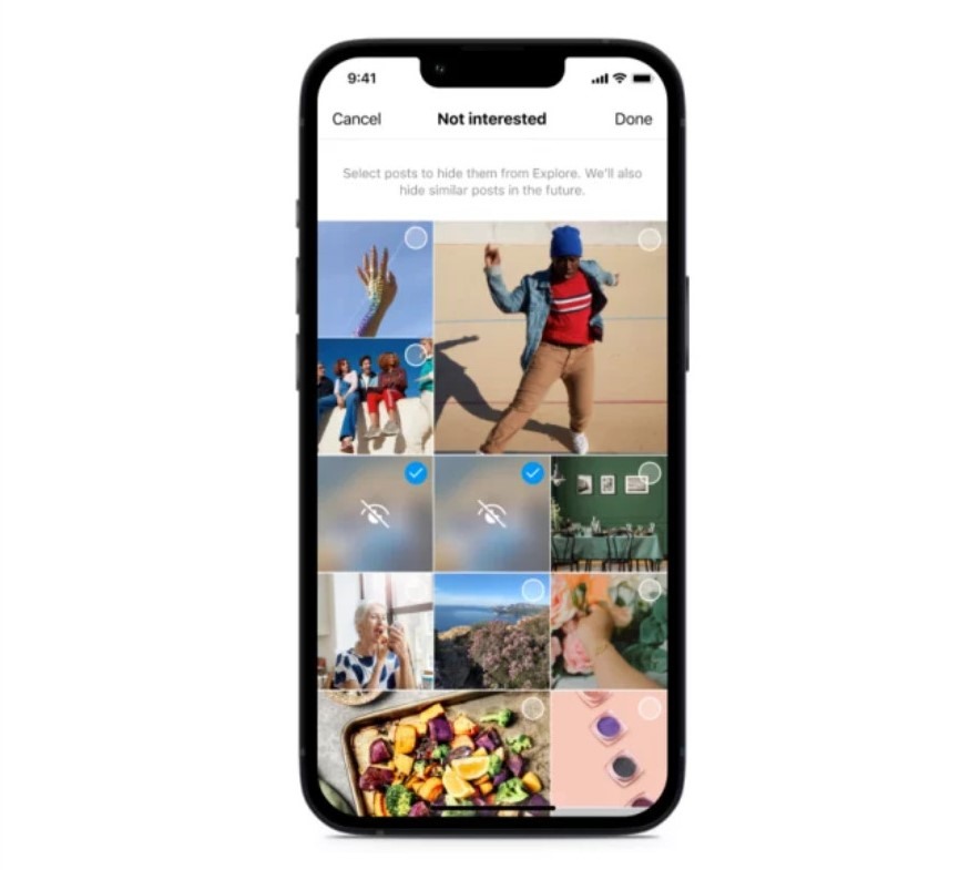 Instagram thử nghiệm tính năng giúp người dùng đánh dấu nhiều bài đăng trên trang Khám phá với tùy chọn “Không quan tâm”. Ảnh chụp màn hình