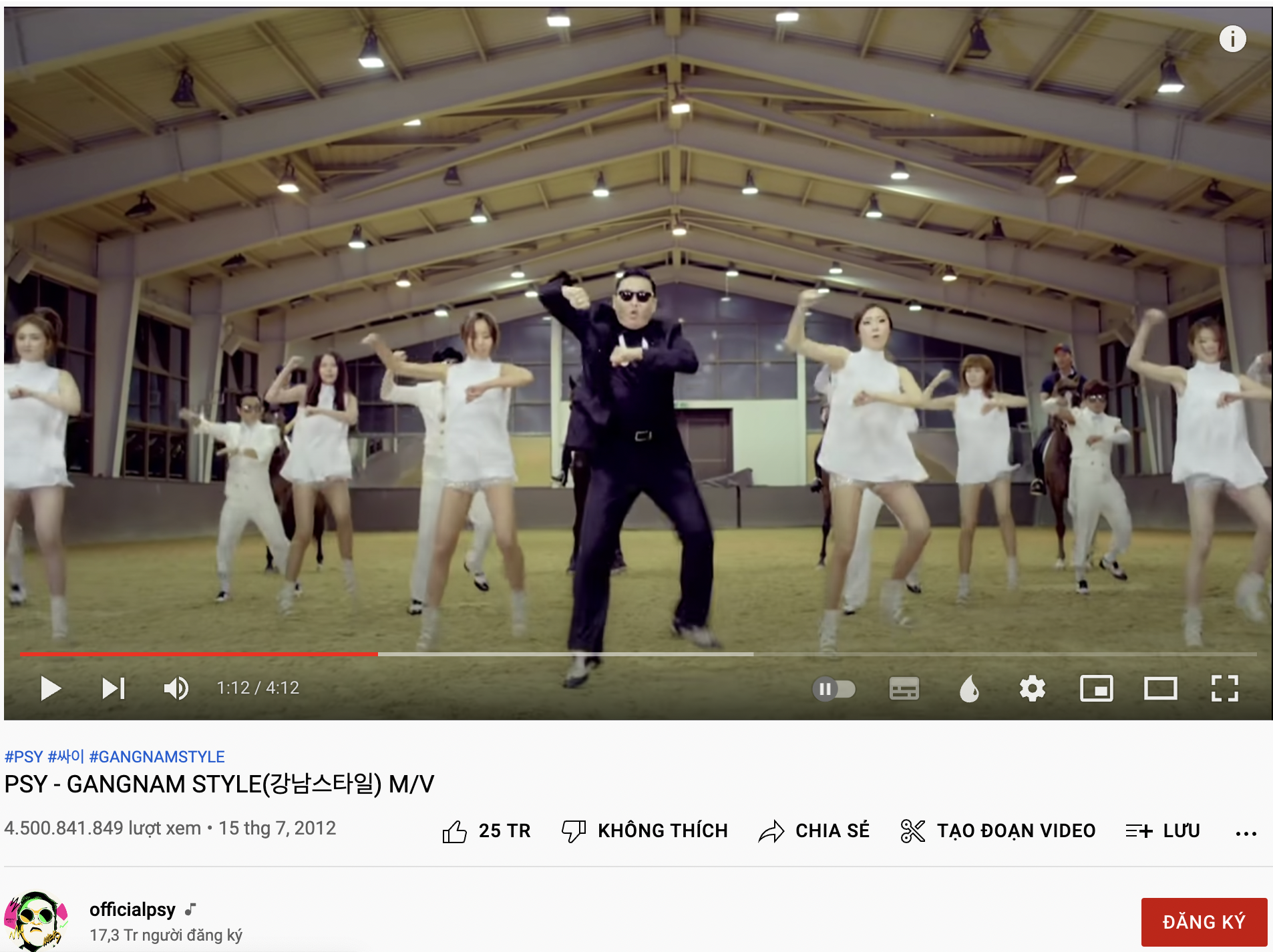 “Gangnam Style” giữ vững phong độ khi luôn nằm trong Top 10 những MV âm nhạc được xem nhiều nhất mọi thời đại. Ảnh: T.M