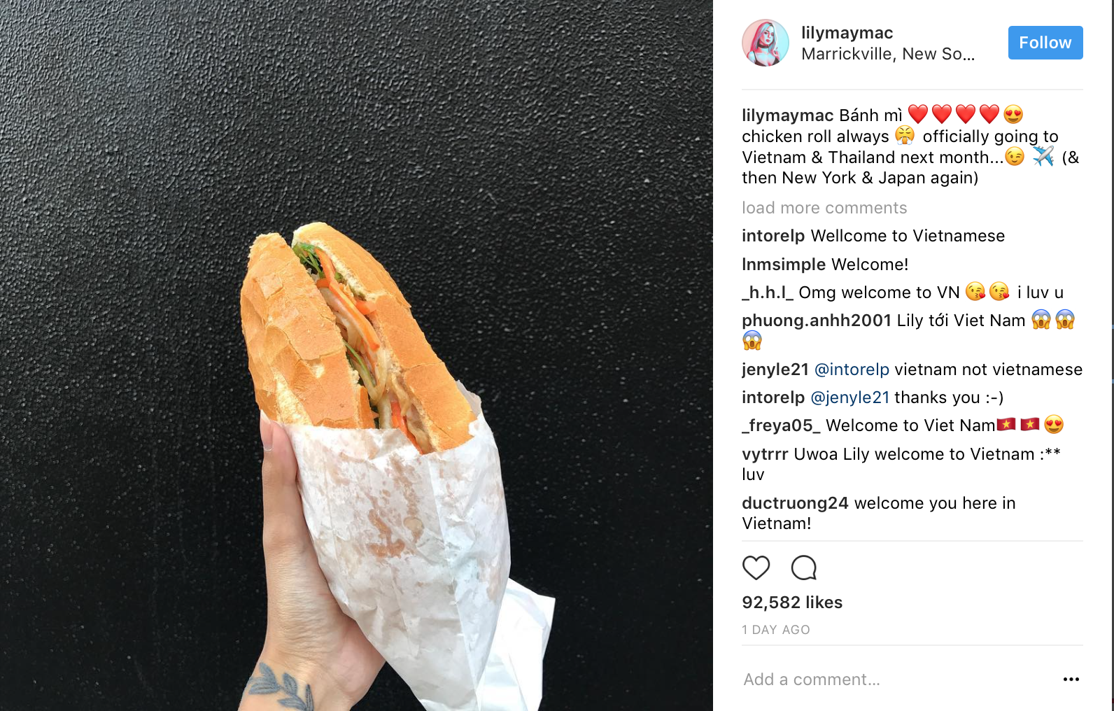 Hotgirl Lily Maymac khoe bánh mì Việt Nam trên Instagram cá nhân. Ảnh: Yan