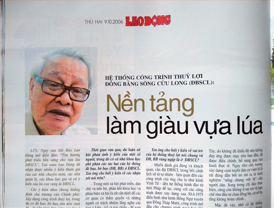 Bài phỏng vấn nguyên Thủ tướng Võ Văn Kiệt như sự tổng kết diễn đàn đê bao, bờ bao trên Báo Lao Động. Ảnh: LT