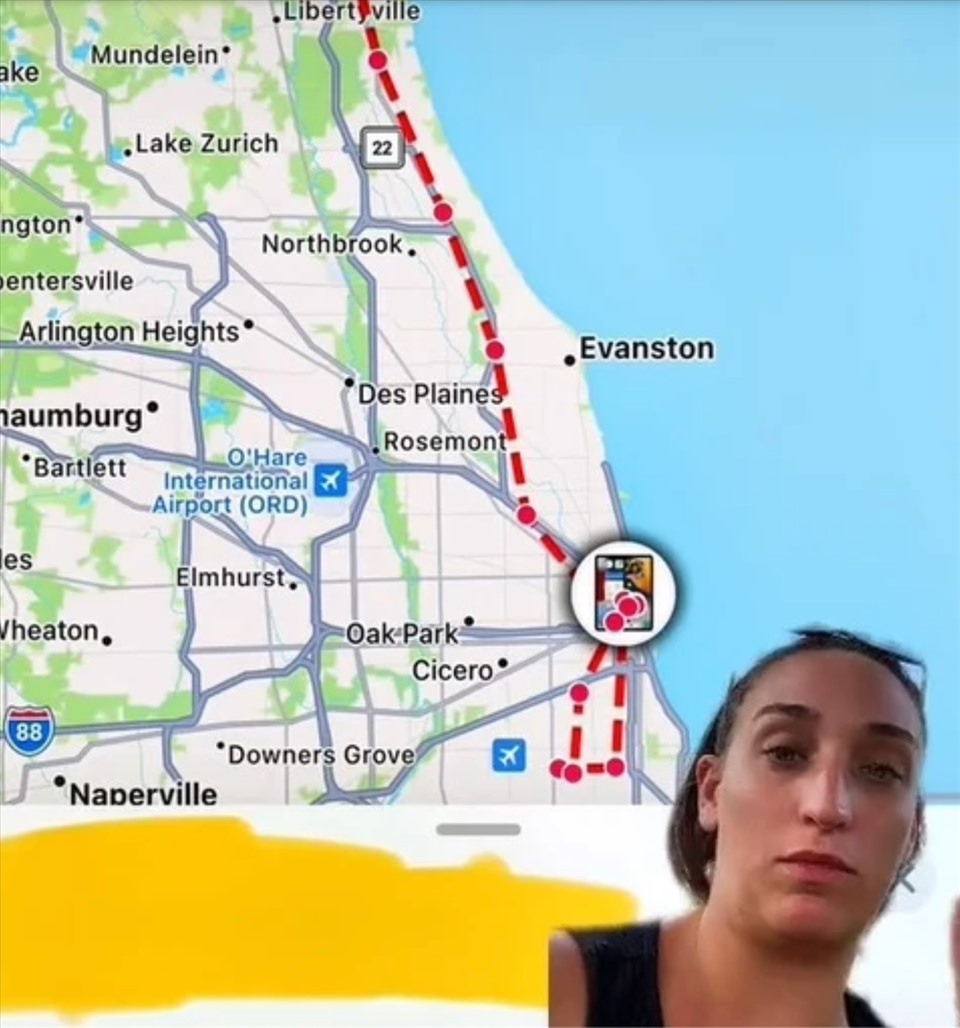 Bản đồ thể hiện đường đi của tên trộm iPhone do của TikToker Audrey. Ảnh chụp màn hình