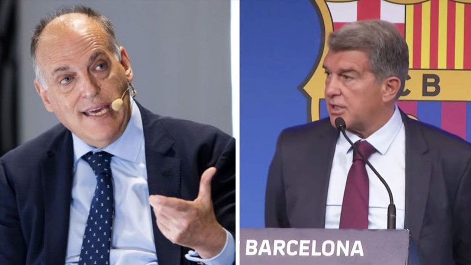 Javier Tebas và Joan Laporta vẫn chưa thể ngồi chung một bàn đàm phán. Ảnh: AFP