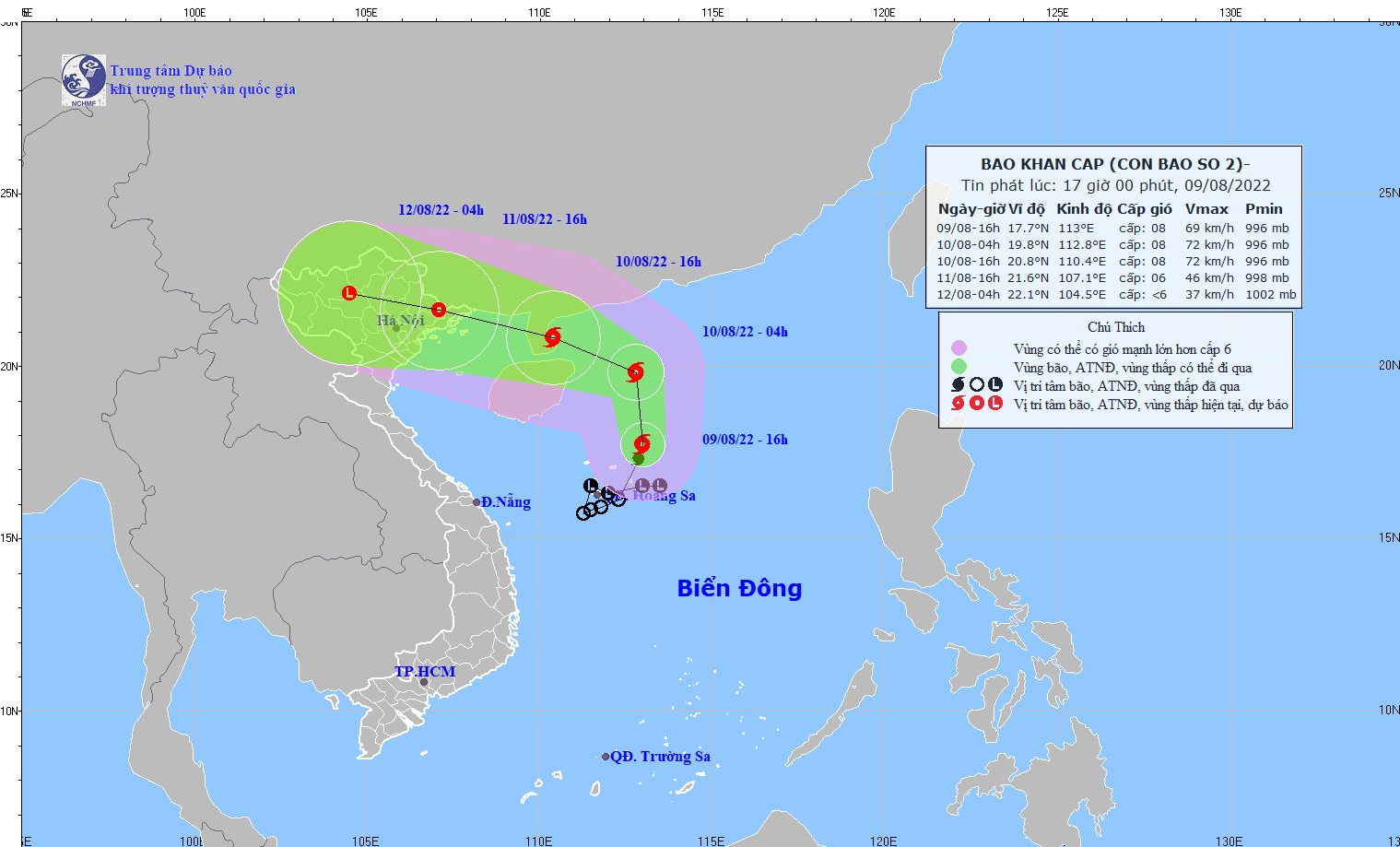 Vị trí và đường đi của bão số 2 (MULAN). Ảnh: Trung tâm Dự báo Khí tượng Thủy văn Quốc gia.
