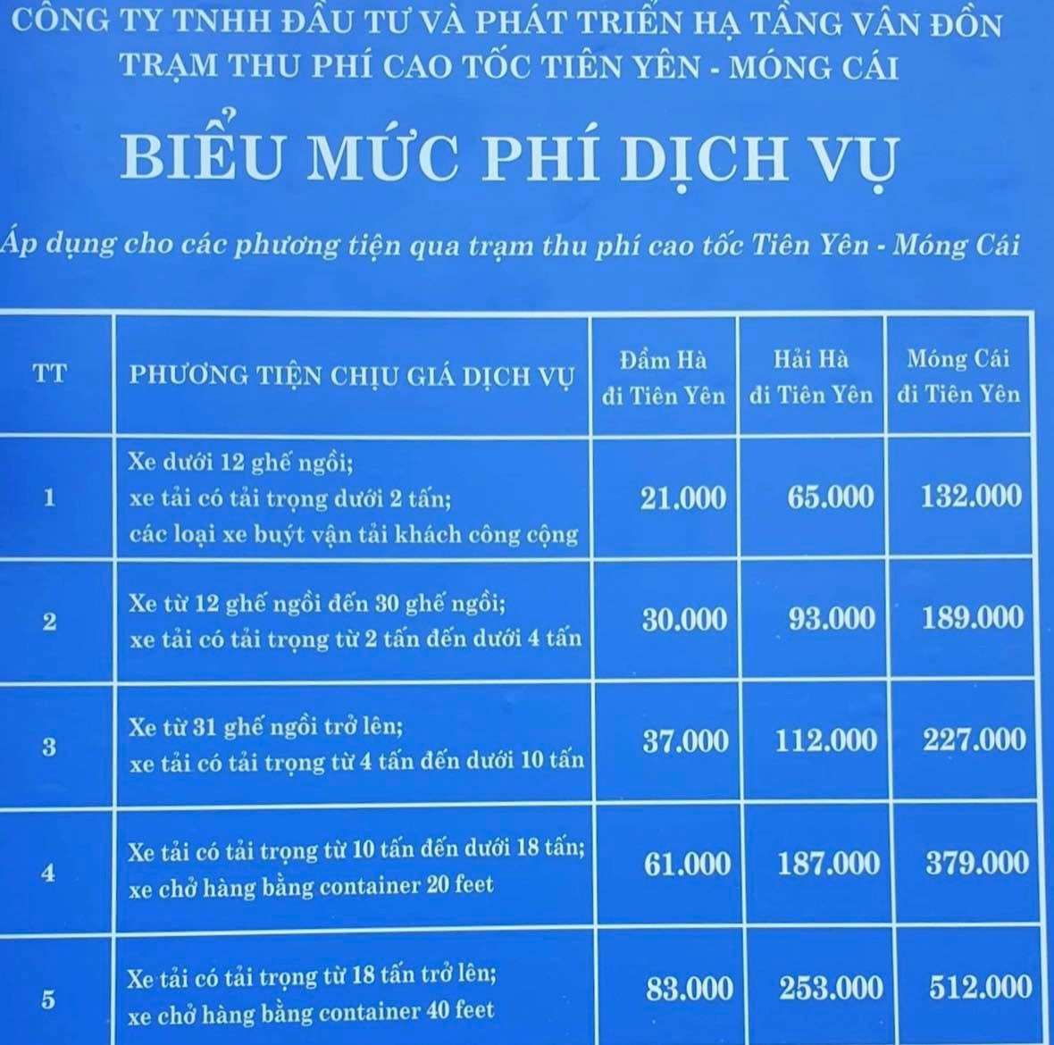 Biểu mức phí dịch vụ tuyến cao tốc Vân Đồn - Móng Cái. Ảnh: Nguyễn Hùng