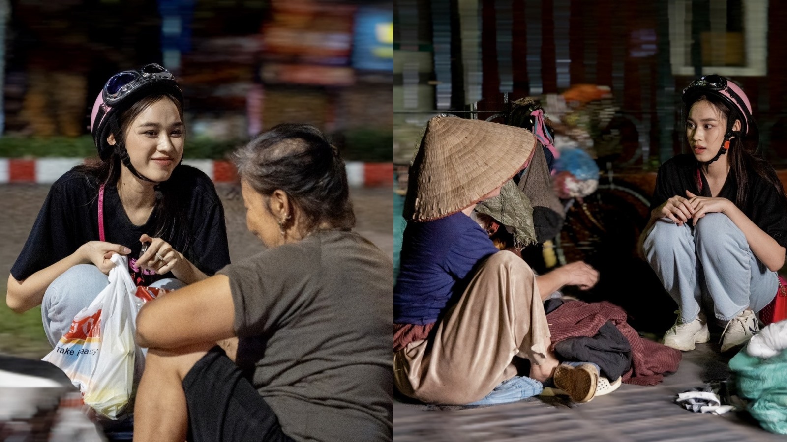 Khoảnh khắc Đỗ Thị Hà hỏi thăm, tặng quà cho người vô gia cư ở Hà Nội. Ảnh: NVCC.